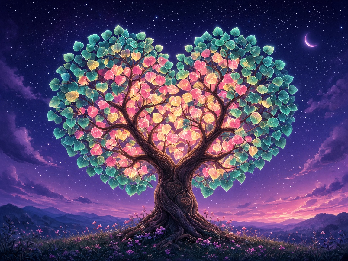 波波与金连的爱情树插画：暮色中亮起温柔微光的爱心树
